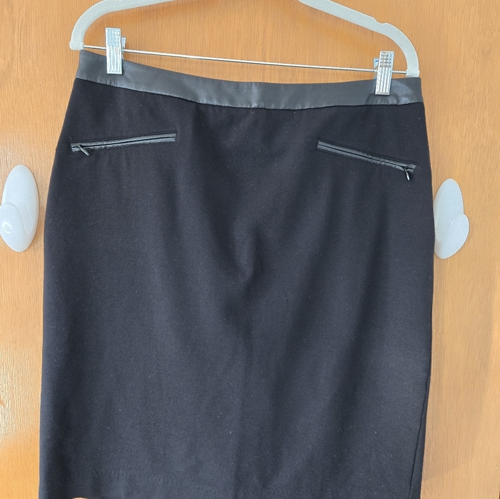 Talbots, Pencil Skirt Black Skirt Size 10 W/ Black Leather Trim.